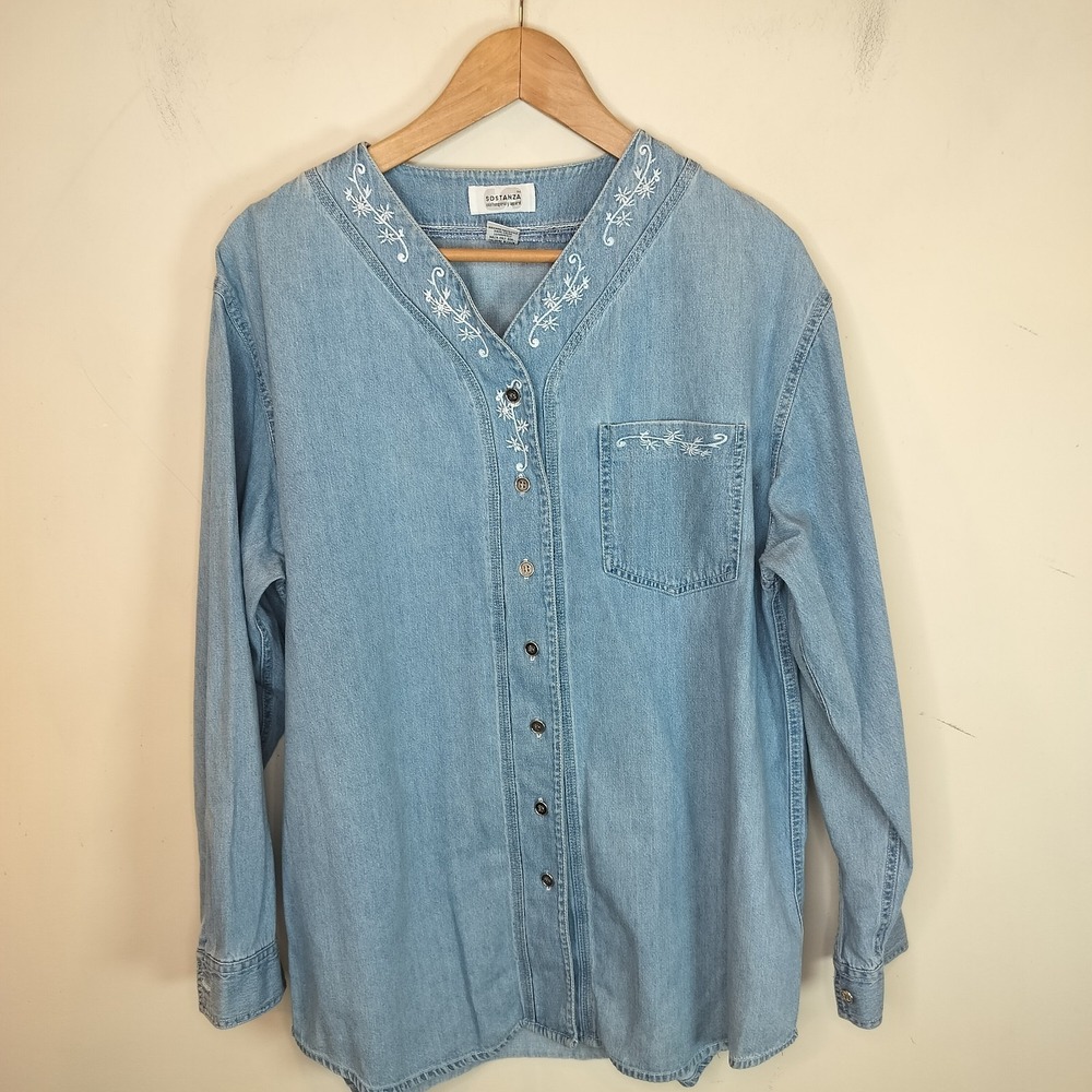 Vintage Sostanza Denim Shirt Button Up Floral Embroidered‎